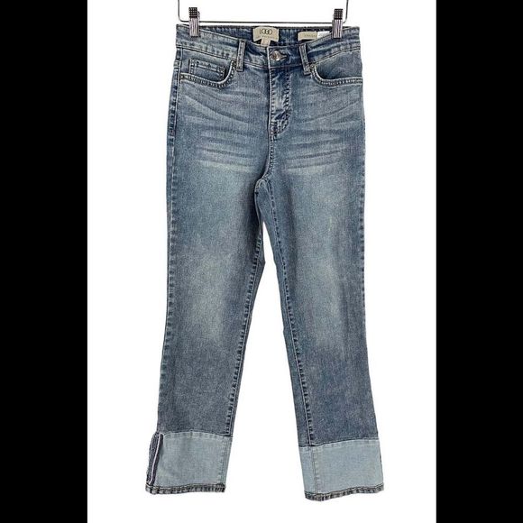 LOGO by Lori Goldstein Pieced Straight Leg Jeans Medium Wash - Petite - Picture 1 of 2